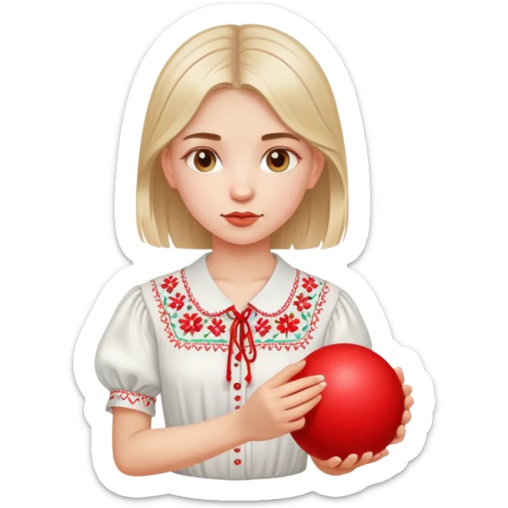 Ukrainian young girl in a white embroidered shirt holds a red ball of thread in her hand sticker