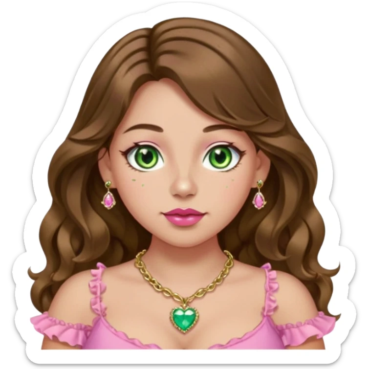 Girl girl with long wavy brown hair with middle part, green gold eyes, plus size, pink frilly top, right nostril gold nose ring, small pink heart crystal necklace  sticker