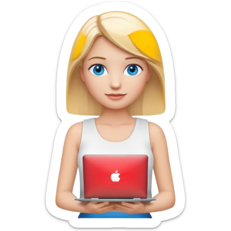 3D Apple-style emoji of a blonde woman with bright blue eyes,
wearing a white sleeveless top,
holding a silver laptop,
clean white background, smooth rounded design
 sticker