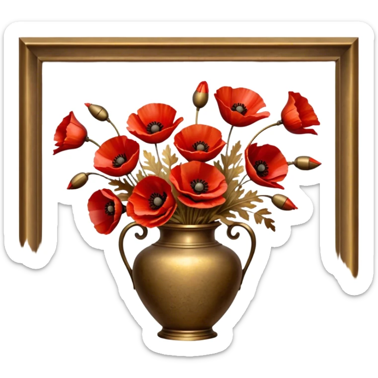 Vibrant red poppies in a weathered brass vase, their petals softly illuminated by golden light. A few dried brown leaves and delicate gold accents enhance the nostalgic feel. sticker