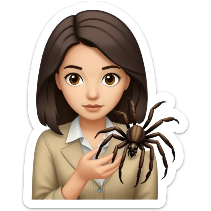 Attractive Mexican woman in her 20s with dark brown hair with a little blonde highlights, with a tarantula sticker
