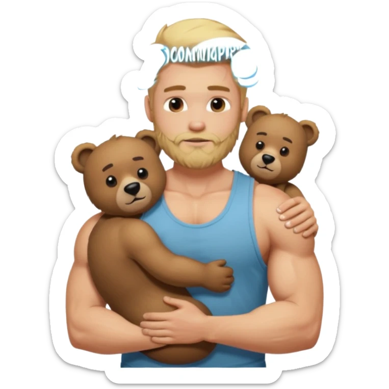 Blonde guy with  faded size and long on top muscular hair with a beard in a tank top muscular hugging a bear sticker