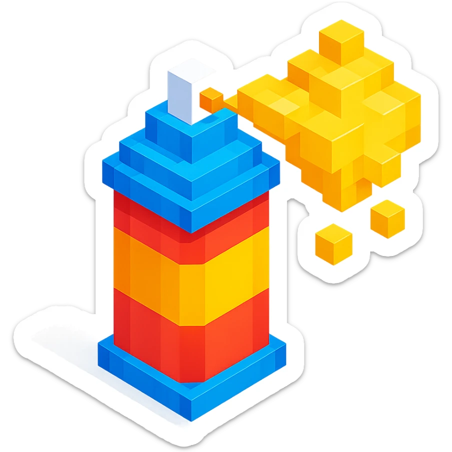 voxel style spray paint can with gold paint, spray coming out, isometric view sticker