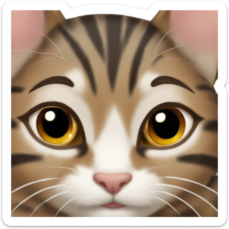 a tabby cat with a spot near its nose in the arms of a brunette with long hair and brown eyes sticker