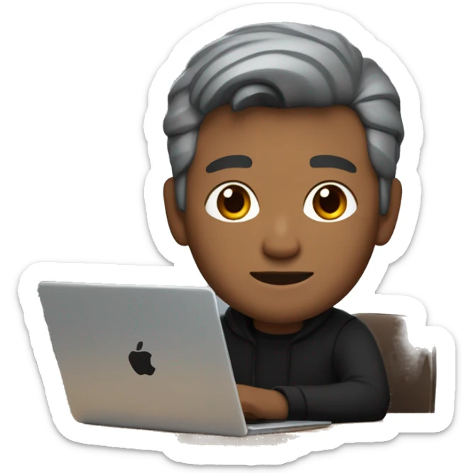 memoji of a white man with a laptop in front, apple-style,modern,dark grey hair, black sweater,computer in hand, srilankan brown skin, sitting on his desk sticker
