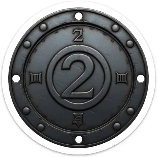 Minimal emoji, gothic metal coin made of black steel, engraved number 2 at the center, ancient industrial aesthetic, worn metal texture, no glow, no neon, flat emoji design, centered, transparent background sticker