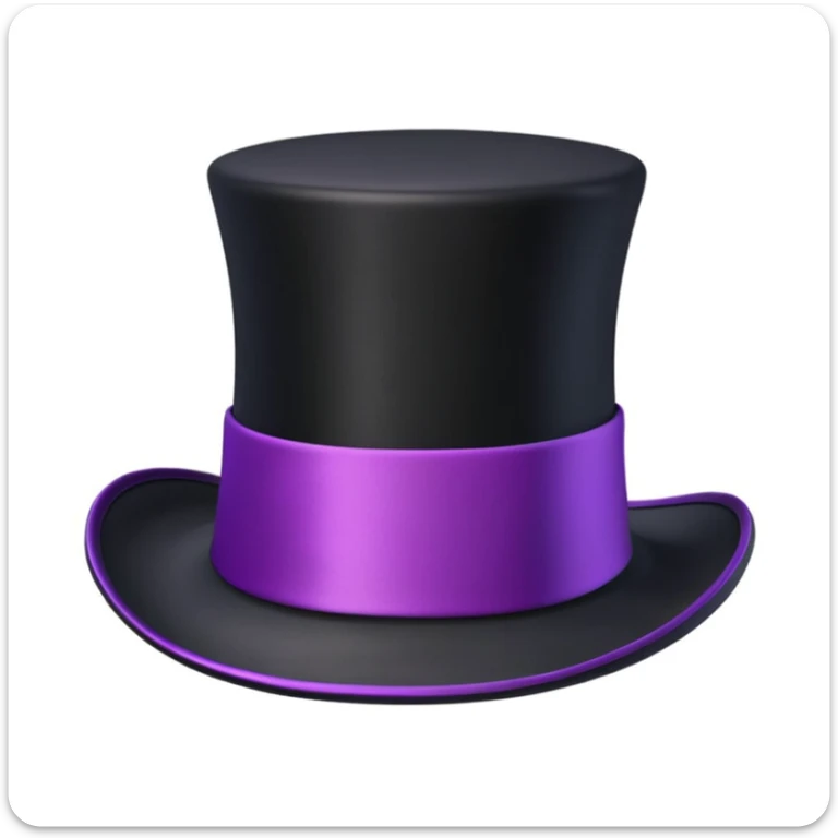 3D apple-style emoji of a tall vintage black top hat with a wide brim and a bright purple ribbon, smooth slightly glossy surface, simplified shapes, cartoon-like look, soft shadows, white background sticker