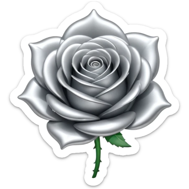A rose emoji made of liquid silver metal, smooth metallic petals, reflective chrome surface, soft gradients, elegant shape, minimalistic iOS emoji style, centered, clean white background, realistic highlights, no text sticker