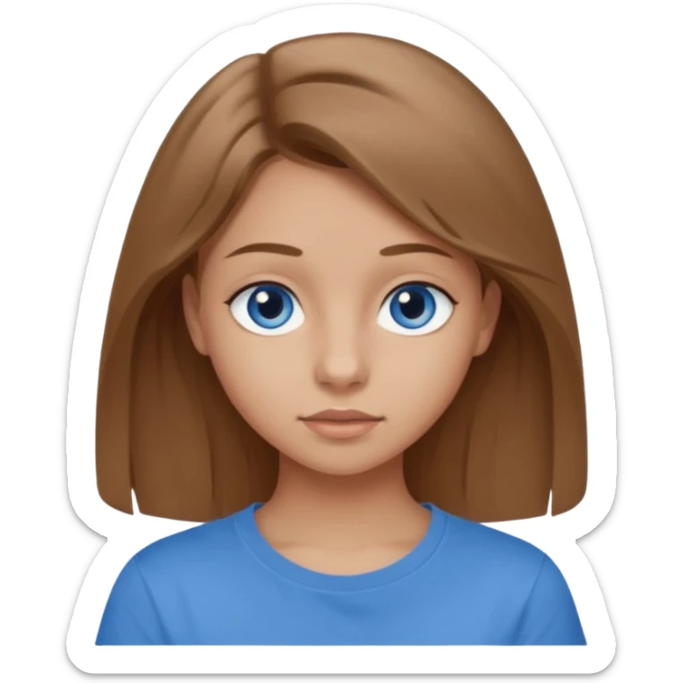 A 16-year-old girl with long, light brown hair and blue eyes. She also has slightly tanned skin, a small nose, and average-sized lips (though her lower lip is slightly larger than her upper lip). She's wearing a taupe T-shirt with a round neck.  sticker