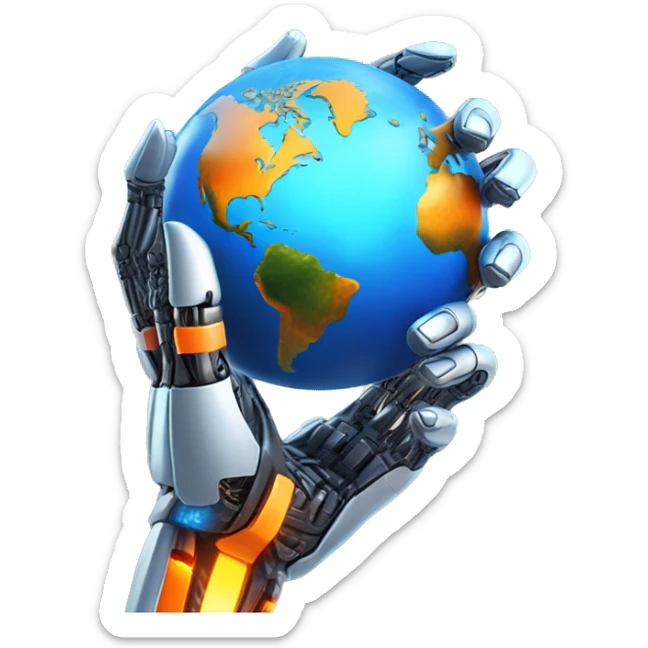 "Earth held by a futuristic robotic hand, glowing with blue and orange digital lines, with a high-tech and futuristic atmosphere." sticker