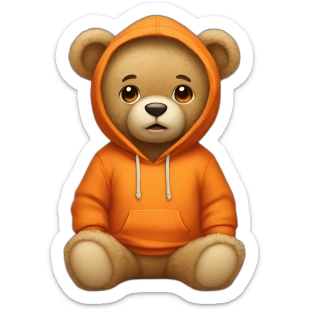 A cute beige teddy bear wearing an orange hoodie. His eyes are black. He's sitting on his butt. sticker
