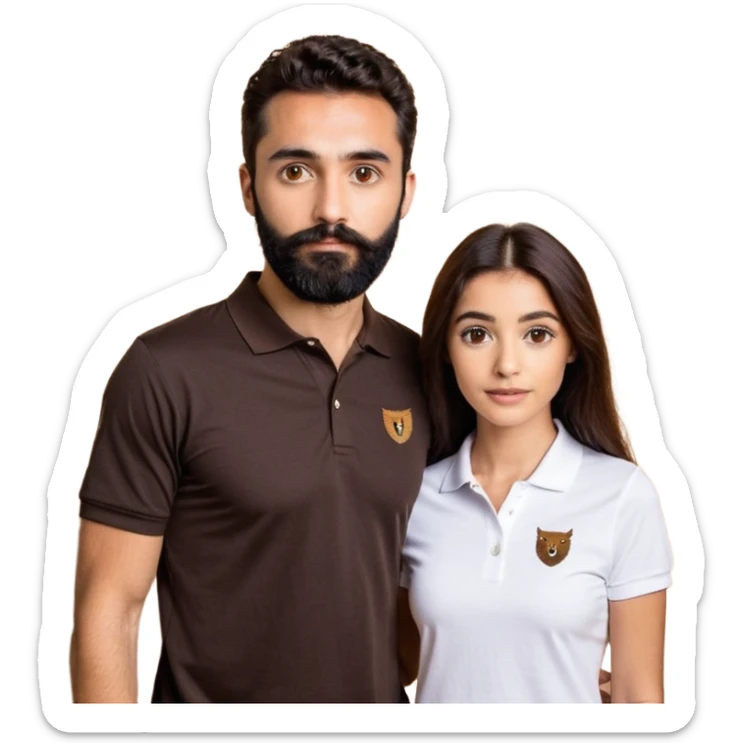 Tente de novo.Crie um casal - Homem branco de cabelo liso e olhos marrom, com barba, expressão séria usando camiseta polo preta e mulher de pele branca cabelo cacheado marrom longo e olhos mel, usando uma regata branca, quero ela sorrindo sticker