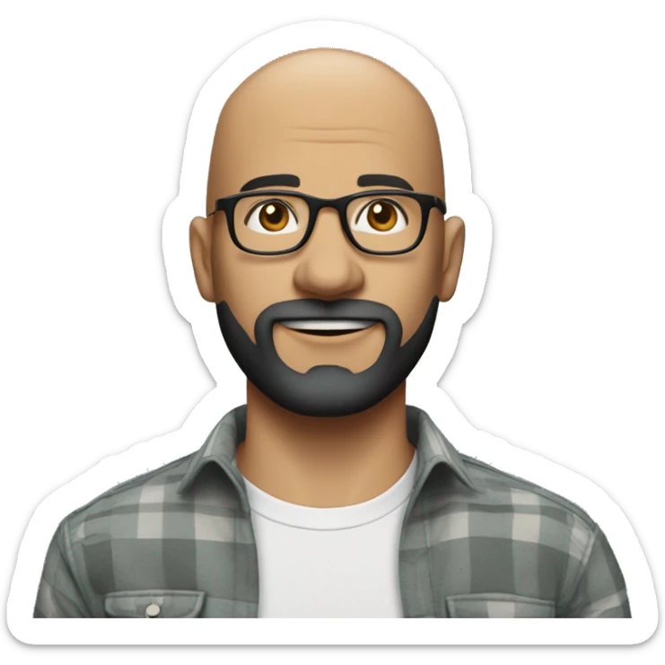 genterate emoji of m pettern bald men with specs and trimmed beard round neck emrald color shirt sticker