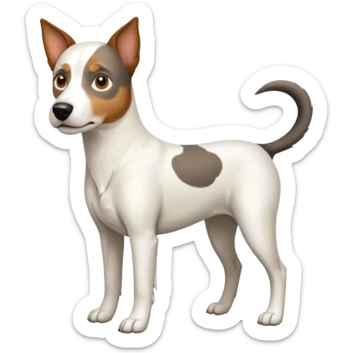 a full body large white parson russell looking dog the size of a kelpie with light brown ears and a light brown patch on one eye and a large snout sticker