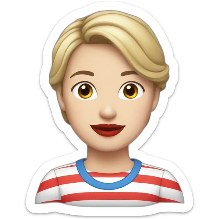 caucasian woman with red lips dark brown hair, bob haircut, braces on teeth, blue and white striped t shirt sticker