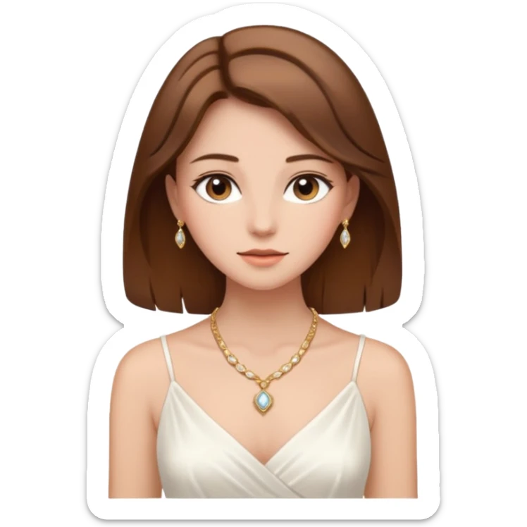 a middle brown hair girl with elegant white dress, wearing necklace, wearing makeup sticker