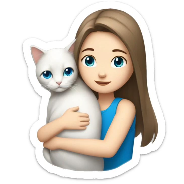 brown hair girl with straight hair and blue eyes hugging a white longhair cat sticker