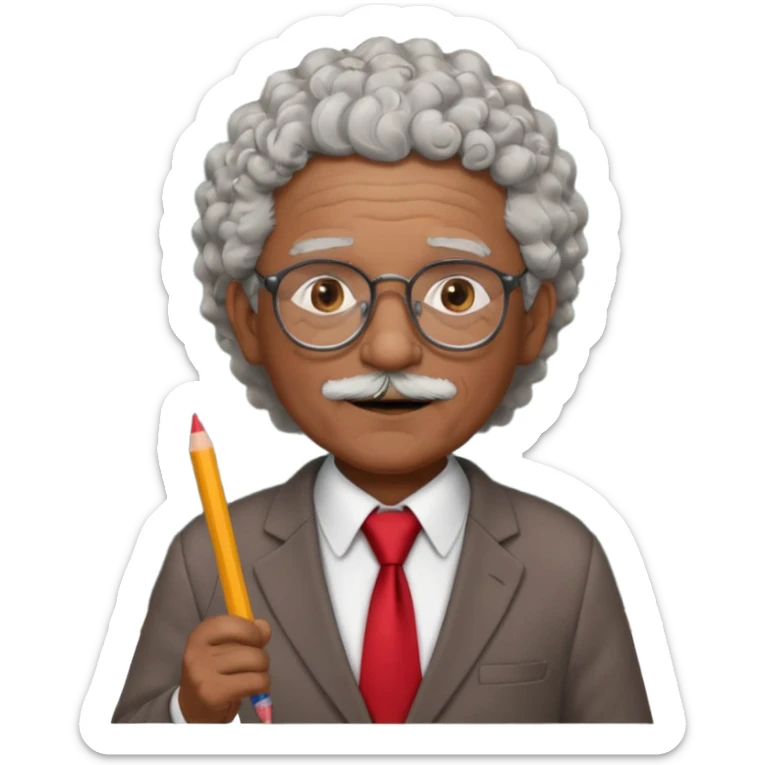 old man teacher, brown skin, curly grey white hai, wearing glasses, brown suit, red tie hold chalk on hand sticker