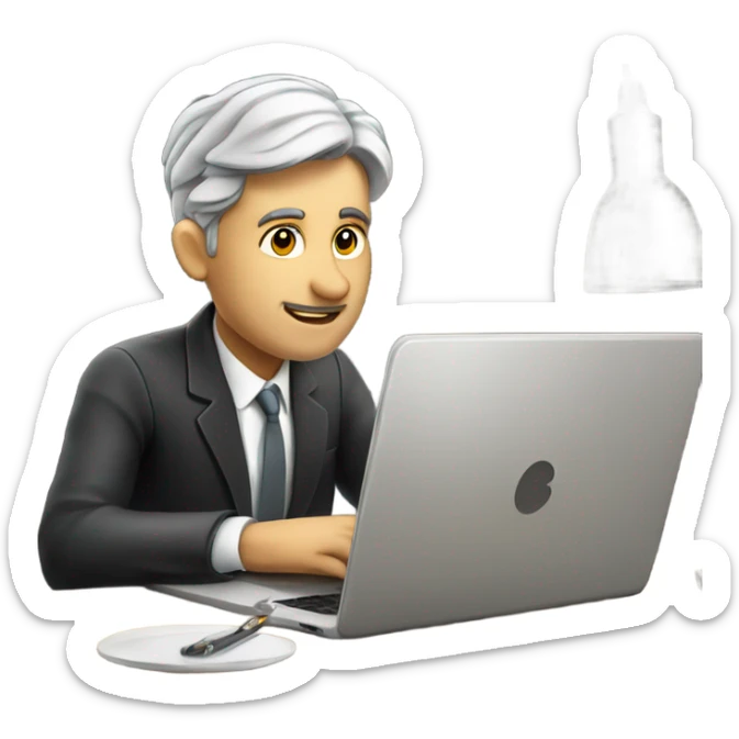 Rich man working setting on a chair and near the table with laptop he is very beautiful and he is from Germany  sticker