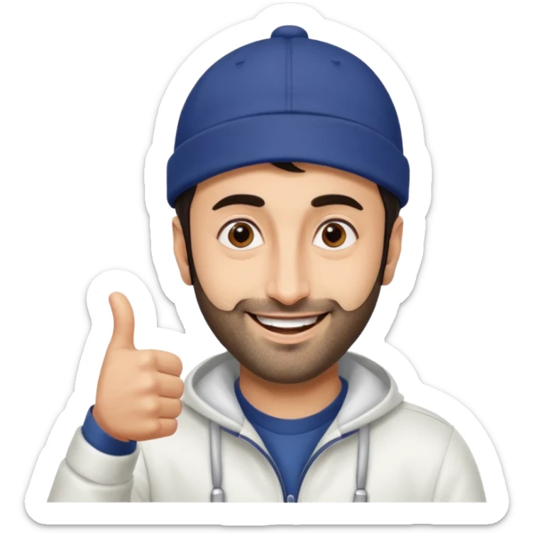 generate a pretty bratz emoji of ranbir kapoor wearing a white cap and doing a thumbs up sticker