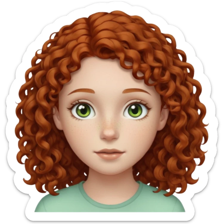 pale teen girl with light green eyes and freckles that has curly auburn hair in a middle part sticker