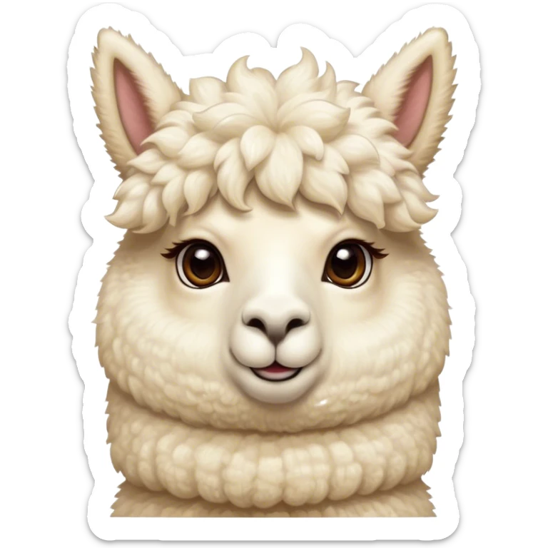 Cinematic Cute Cream Alpaca Portrait Emoji, Head tilted playfully and inquisitively, featuring a fluffy, cream fleece with a natural sheen, round, sparkling gentle eyes filled with curiosity, Simplified yet irresistibly adorable features, highly detailed, glowing with a warm, friendly glow, high shine, affectionate and gentle, stylized with a touch of whimsy, bright and endearing, soft glowing outline, capturing the essence of a mischievous yet loving alpaca, so playful it feels like it could prance out of the screen and into your arms! sticker