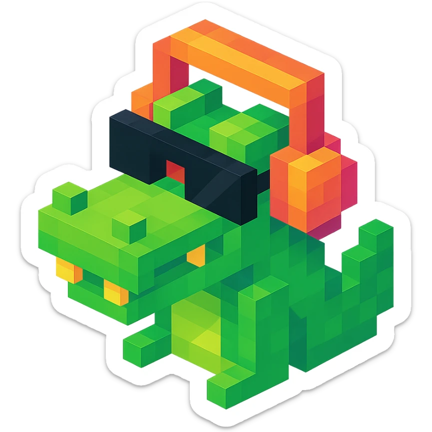voxel style crocodile with headphones and sunglasses, isometric view sticker
