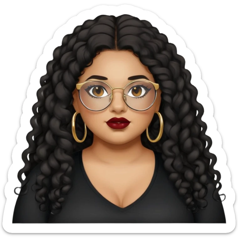 teen big plus size, latina, darker tan skin, gold hoops, long black curly hair, baddie,pretty, makeup, dark red lipgloss, black eyeliner, long hair, black shirt, black glasses sticker