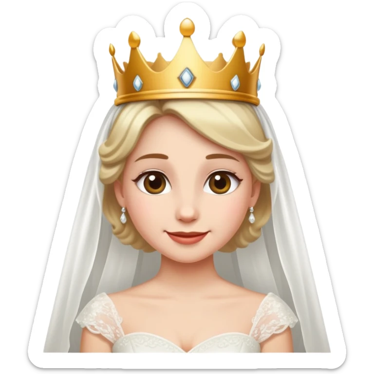 bride in a wedding dress with a small crown and sly smile, hinting at a secret, no explicit content sticker