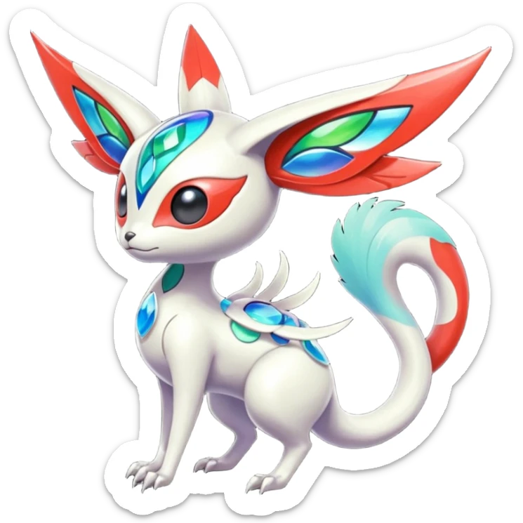 Shiny Colorful Futuristic Oriental Painted Asian Vernid-Trico-Meloetta-Latias-Koraidon-Peppercat-Protogen-Pokémon-Digimon-Fakémon-fusion-hybrid-creature sticker