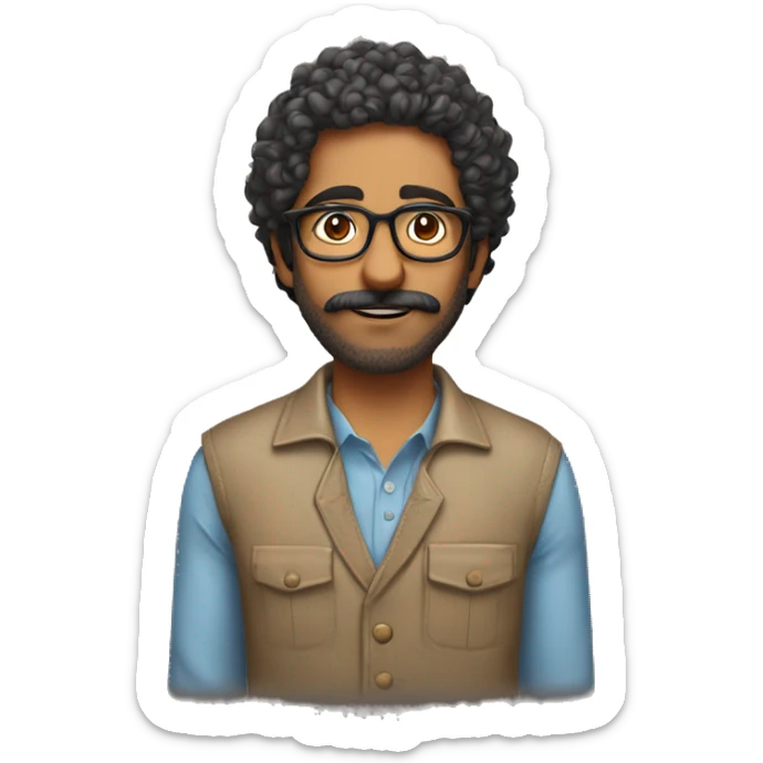 Indian man with glasses, curly hair to the shoulders, has a beard and moustache but its not a full beard and he wears glasses sticker