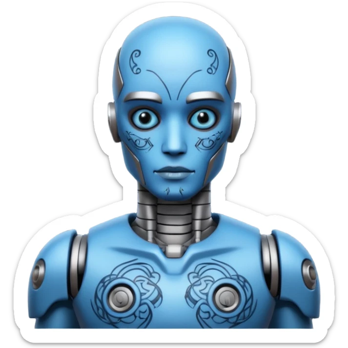 blue Tatooed robot, big many tatooes on chest, neck and face, tatoo on face sticker