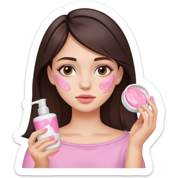 Brunette girl, hair just below shoulder, holds face cream and smeared face in pink palette sticker