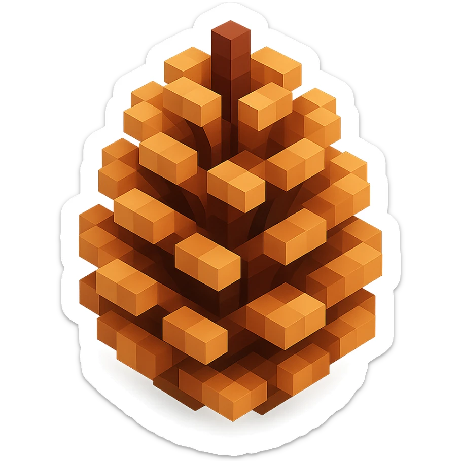 voxel-style pine cone with natural brown tones, slightly open sticker