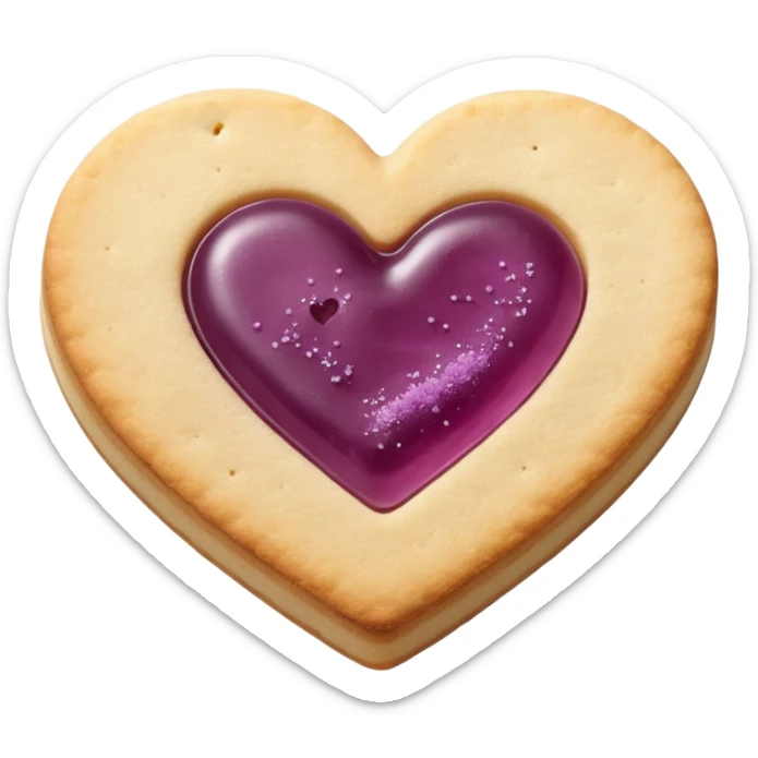 Realistic shortbread cookie in the shape of a heart with mauve jelly middle filling and sprinkled powder sugar on top. sticker