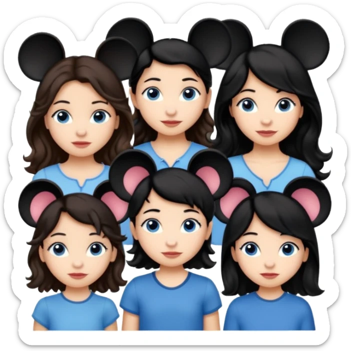 Algo de Disney y por detrás o delante pon a quatro chicas: una con el pelo largo rizado marrón , otra con el pelo muy corto negro, como un chico, otra con el pelo mediano liso marrón con ojos azulesy otra con el pelo negro largo liso . Todos son color carne. Es para el viaje sticker