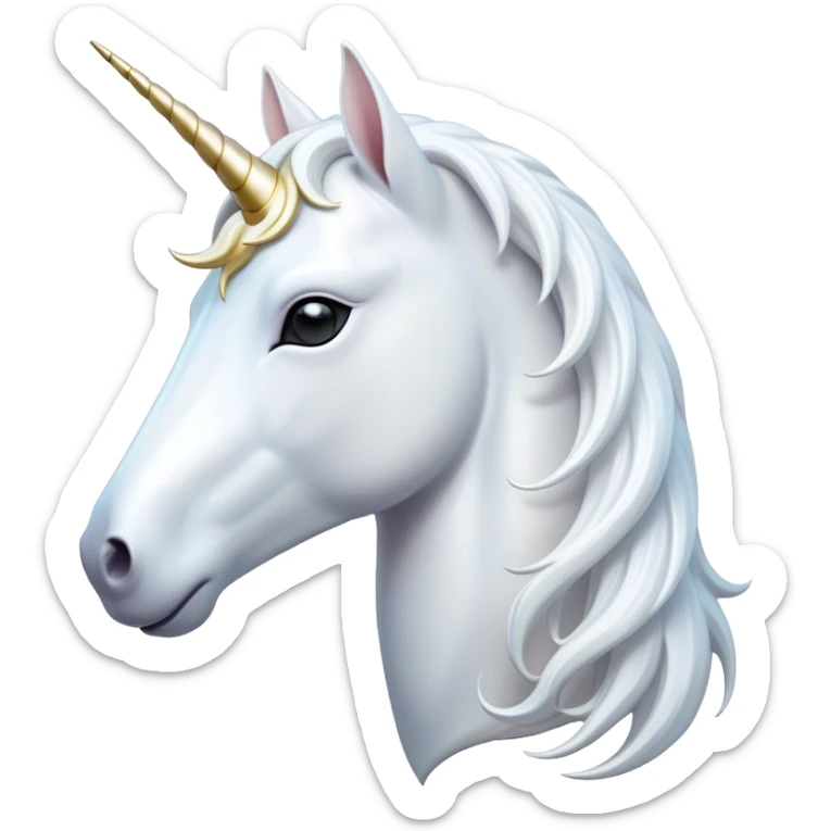 Cinematic Noble White Unicorn Portrait Emoji, Poised and regal, with a slender, ethereal form draped in a pristine white color, a flowing mane and tail, and a glistening, spiraled horn that radiates pure light, Simplified yet sharp and sophisticated features, highly detailed, glowing with a soft, iridescent luminescence, high shine, intelligent and transcendent, stylized with an air of mythical enchantment, focused and serene, soft glowing outline, capturing the essence of a watchful and confident white unicorn that appears ready to prance out of the screen with magical grace! sticker