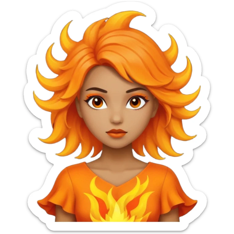 A girl tan skin face emoji with skin head hair styled, dramatic makeup and an orange flame-themed dress. sticker