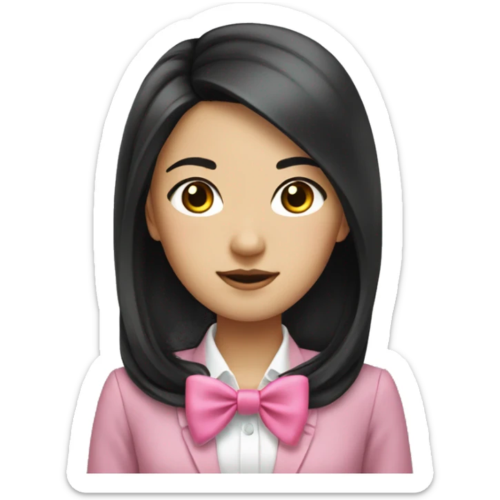 Asian girl medium length black hair in business with a pink bow sticker