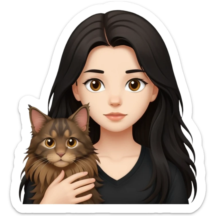 a  girl with black long hair with a brown Maine coon with black shirt sticker