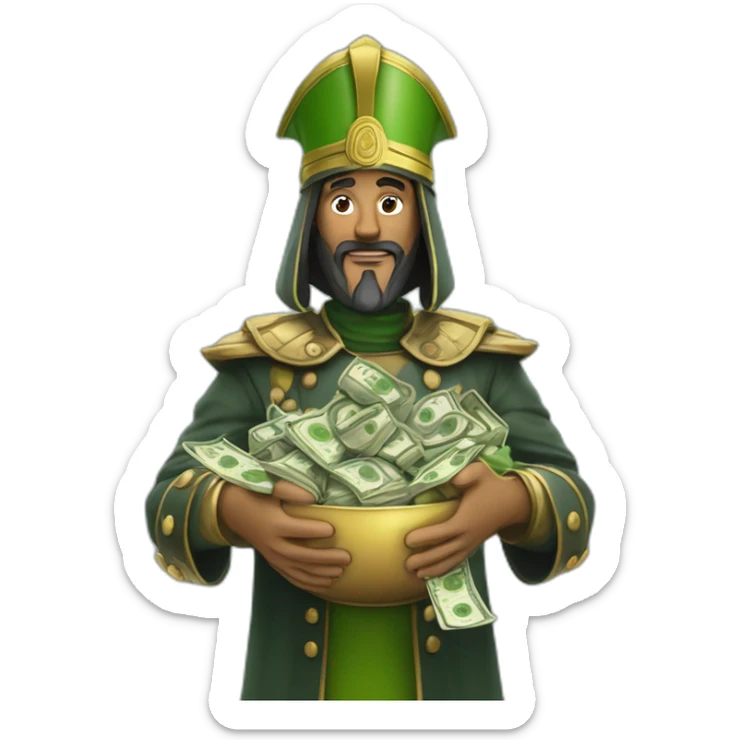Saladin with green salad in the left hand and stack of money in other hands sticker