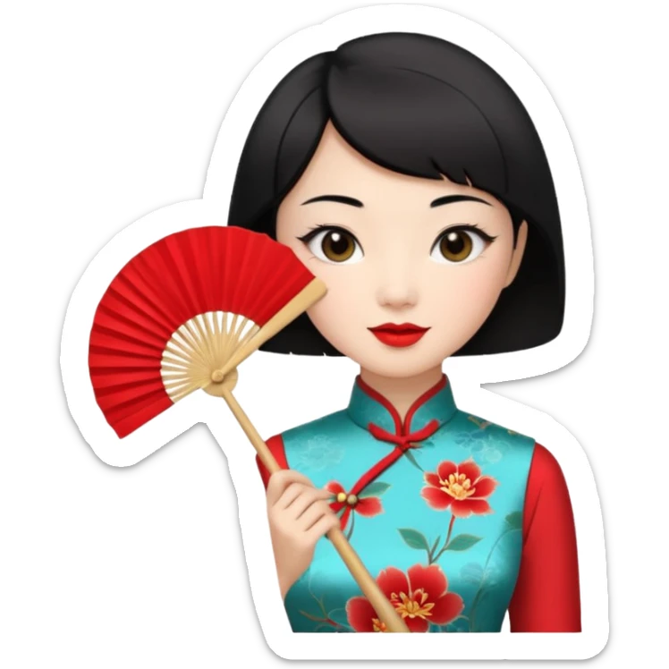 a chinese woman wearing a cheongsam holding a folding fan elegantly with fancy, red lipstick and short black hair sticker
