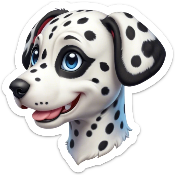 Cinematic Cute Harlequin Dalmatian Portrait Emoji, Head tilted playfully and inquisitively, featuring a glossy Fur of predominantly white with dynamic black patches, round, sparkling blue eyes filled with gentle curiosity, Simplified yet irresistibly adorable features, highly detailed, glowing with a warm, friendly glow, high shine, affectionate and gentle, stylized with a touch of whimsy, bright and endearing, soft glowing outline, capturing the essence of a mischievous yet loving pup, so playful it feels like it could lumber out of the screen and into your arms! sticker