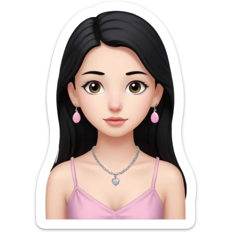Menina branca ,cabelos pretos longos, olhos pretos puxados para cima. Cílios longos, lábios grossos ,nariz pequeno.vestido rosa claro de alça. Colar e brinco prata pontinho pequeno. Jovem  de 16 anos  sticker