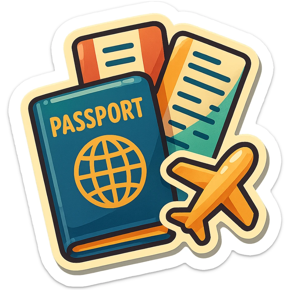 retro sticker-style image of a passport with two tickets and a small airplane icon next to them, bold outlines, juicy colors, expressive shadows and highlights sticker