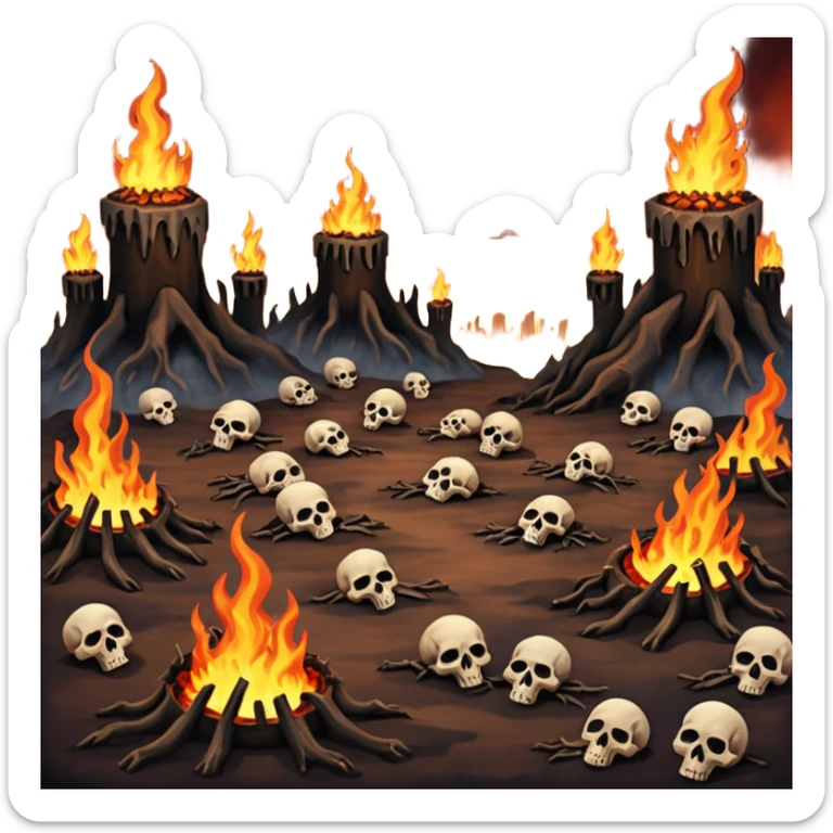 A burning hell landscape in the style of rott8ng corpses in the style of your bloody skull art. More detailed, extreme detail in a realistic style  sticker