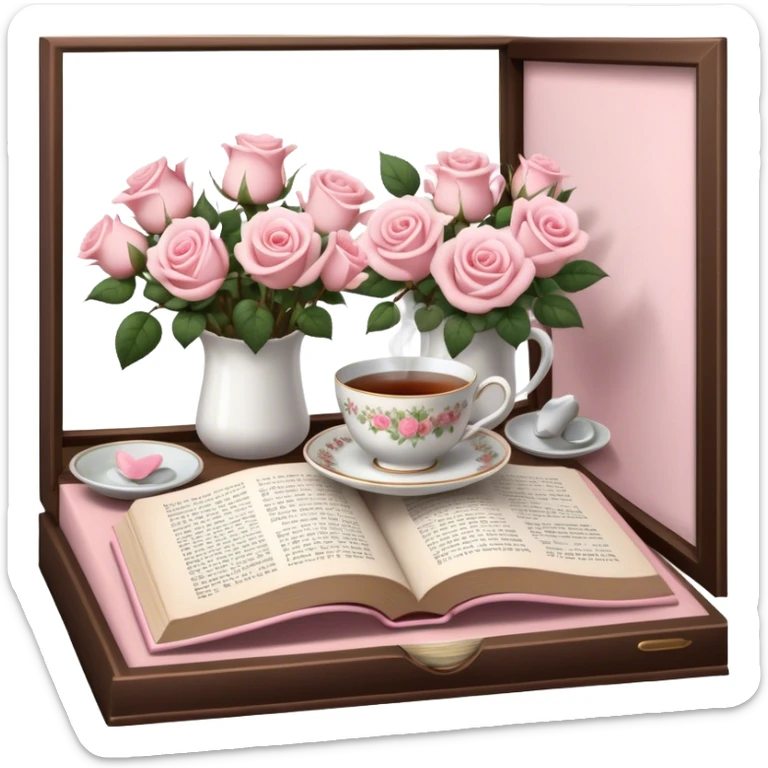A cozy reading nook with an open book, a steaming cup of tea, and a bouquet of pale pink roses. sticker