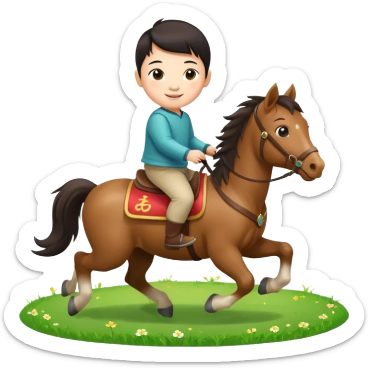 l little chinese baby riding on a  cute horse running on the grass with 2026 year label sticker