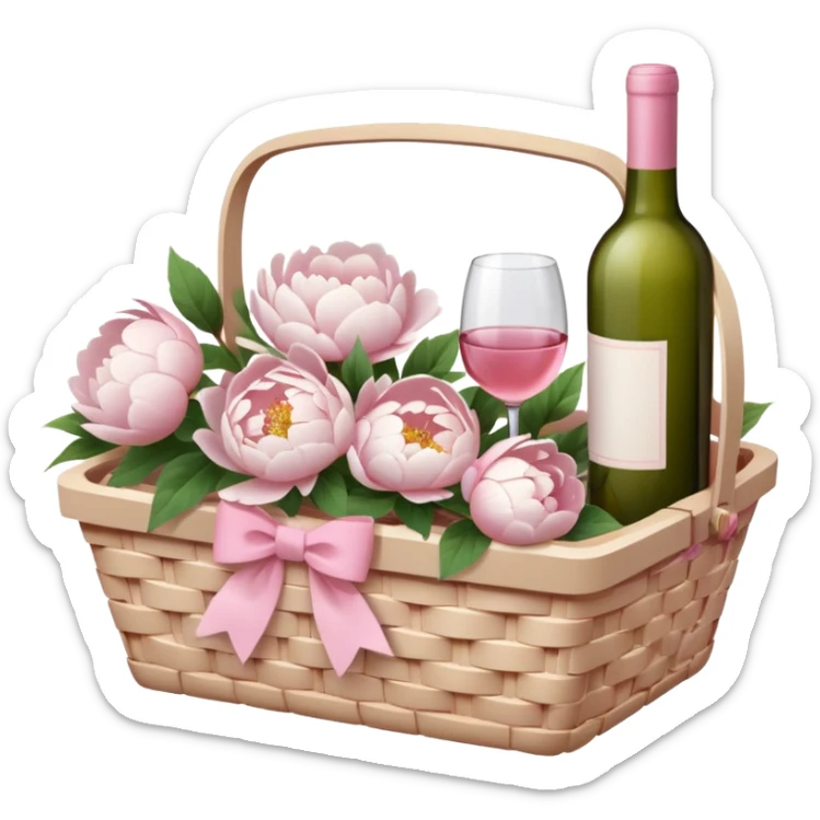 White Picnic basket with light pink bow and white peonies and a pink wine bottle inside sticker