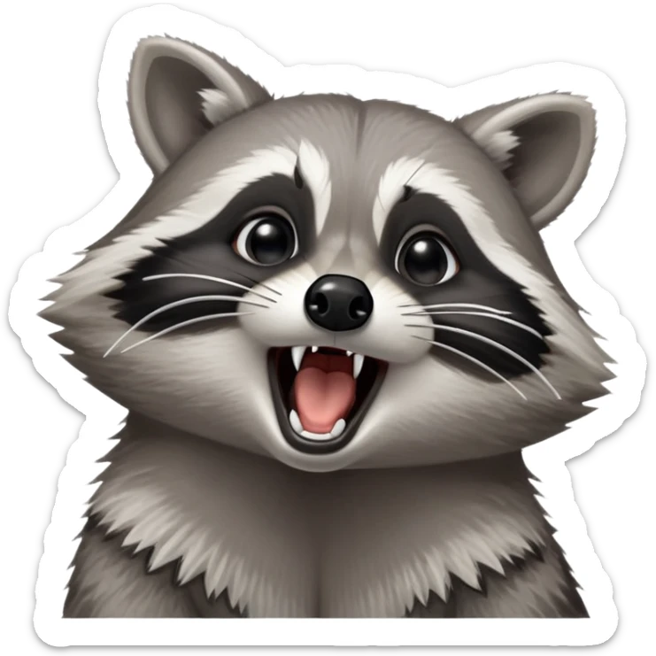 Cinematic-cute realistic- Yawning Raccoon-Portrait-Emoji – Poised and confident, wide-open yawn, revealing a soft grey with a sturdy build and a beautifully textured fur of silver-grey accented by dark black facial markings, deep-set, big black eyes, simplified yet sharp and sophisticated zoom out to show shoulders sticker